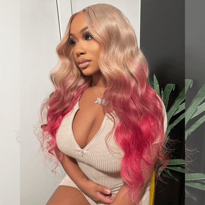 Tuneful Special Customise Ombre Pink Blonde 13x6 Lace Frontal Body Wave Wigs 210% Density