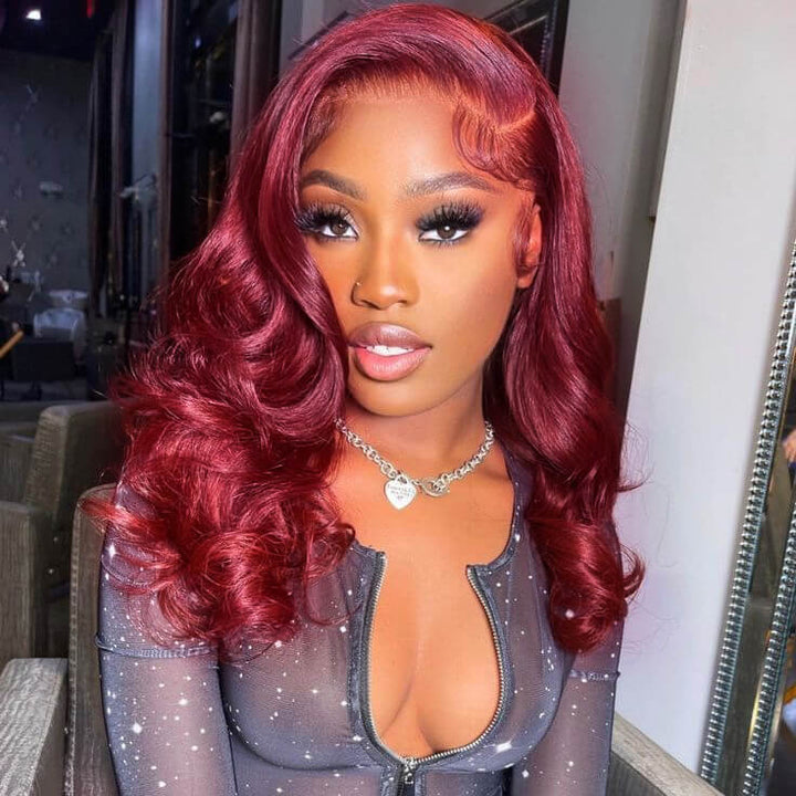 Tuneful 99J Burgundy Colored Wavy Glueless Human Hair Bob Wigs
