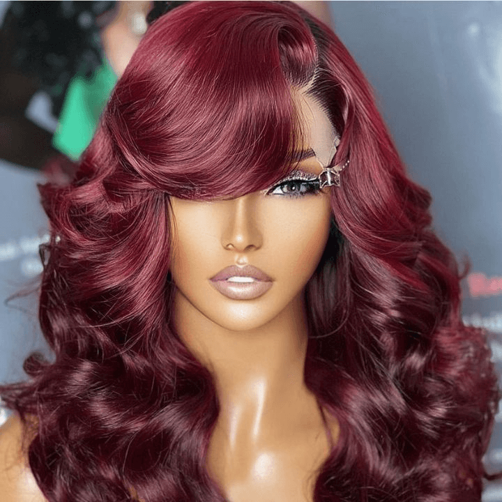 Tuneful 99J Burgundy Colored 13x4 Full Lace Frontal Human Hair Bob Wigs 180% Density