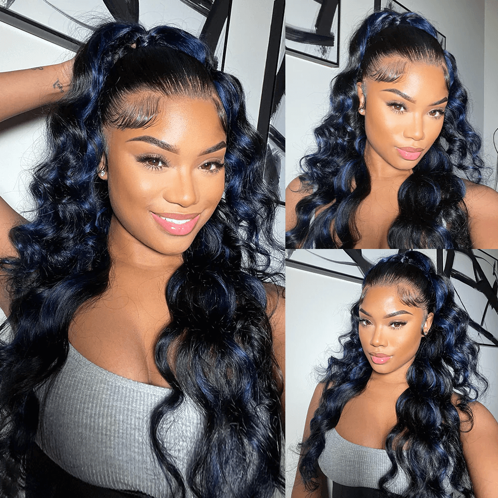Tuneful Blue Highlights Colored 13x6 13x4 5x5 Lace Front Closure Body Wave Wig 180% Denisty