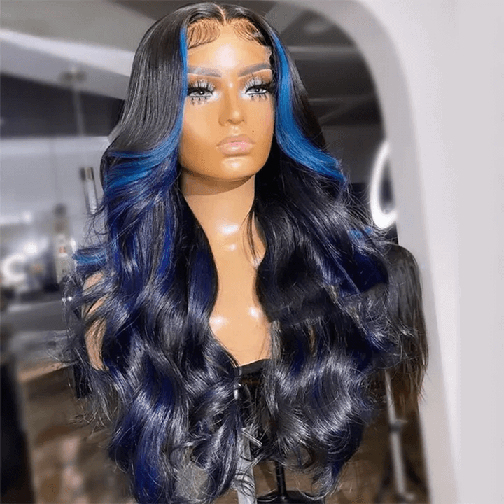 Tuneful Glueless Blue Highlights Colored 13x6 5x5 4x6 Lace Front Closure Body Wave Wig 180% Denisty