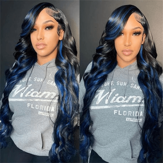 Tuneful Blue Highlights Colored 13x6 13x4 5x5 Lace Front Closure Body Wave Wig 180% Denisty