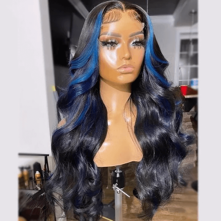 Tuneful Glueless Blue Highlights Colored 13x6 5x5 4x6 Lace Front Closure Body Wave Wig 180% Denisty