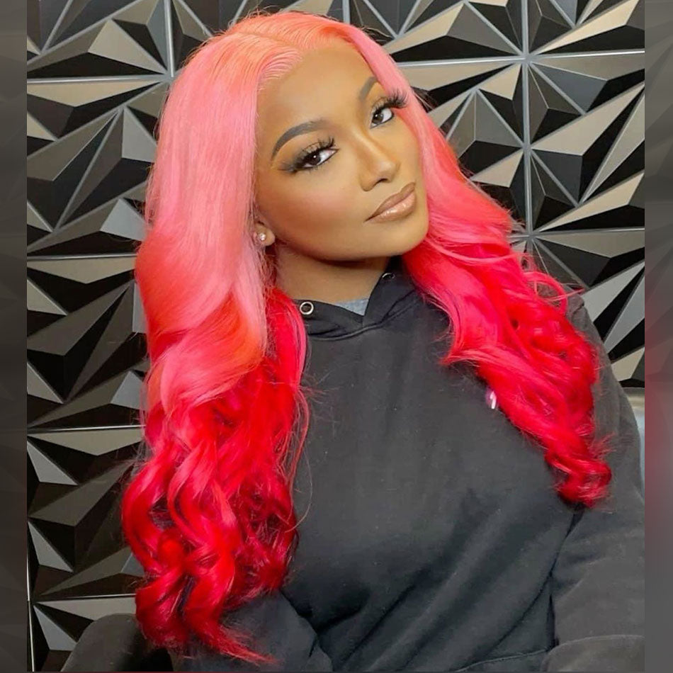 Tuneful 250% Density Ombre Pink With Red HD Transparent 13x6 Lace Front Human Hair Wig Body Wave