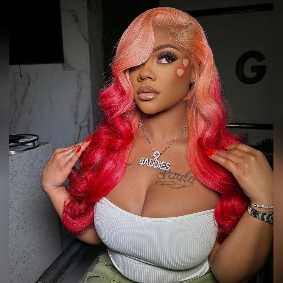 Tuneful 250% Density Ombre Pink With Red HD Transparent 13x6 Lace Front Human Hair Wig Body Wave