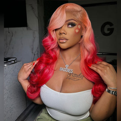 Tuneful 250% Density Ombre Pink With Red HD Transparent 13x6 Lace Front Human Hair Wig Body Wave