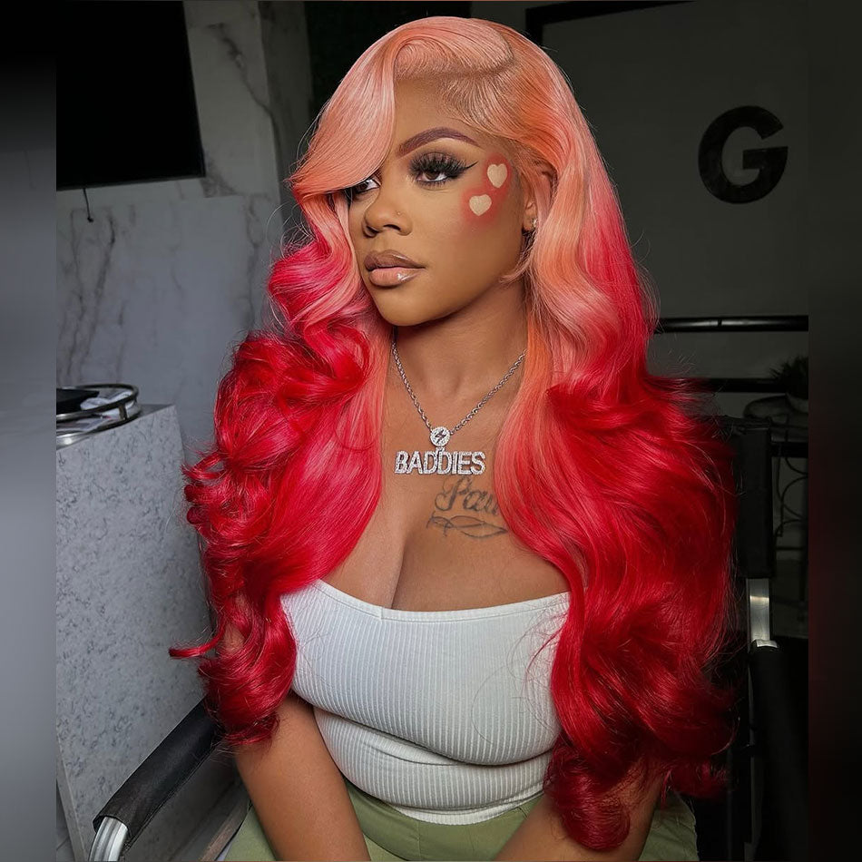 Tuneful 250% Density Ombre Pink With Red HD Transparent 13x6 Lace Front Human Hair Wig Body Wave