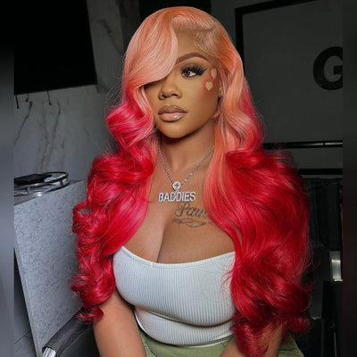 Tuneful 250% Density Ombre Pink With Red HD Transparent 13x6 Lace Front Human Hair Wig Body Wave