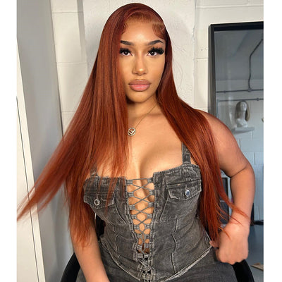 Tuneful Copper Colored Lace Front Human Hair Wigs Straight Glueless Lace Wig