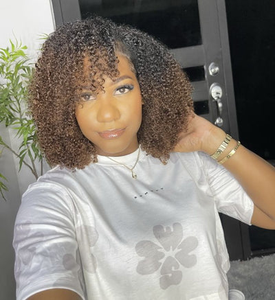 Natural Curly Ombre Brown Colored Seamless V-Part Wig