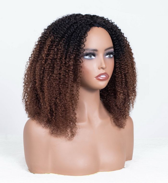 Natural Curly Ombre Brown Colored Seamless V-Part Wig