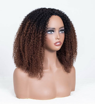 Natural Curly Ombre Brown Colored Seamless V-Part Wig