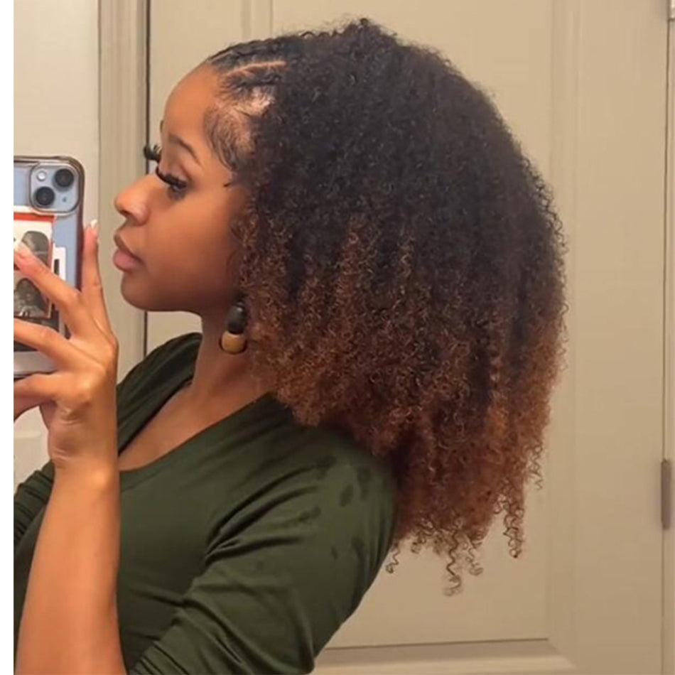 Dip-dyed Coily Curly Ombre Brown Colored 3 In 1 Half Wig ( Can be weared in half wig / headband wig / ponytail )
