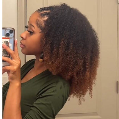 Dip-dyed Coily Curly Ombre Brown Colored 3 In 1 Half Wig ( Can be weared in half wig / headband wig / ponytail )