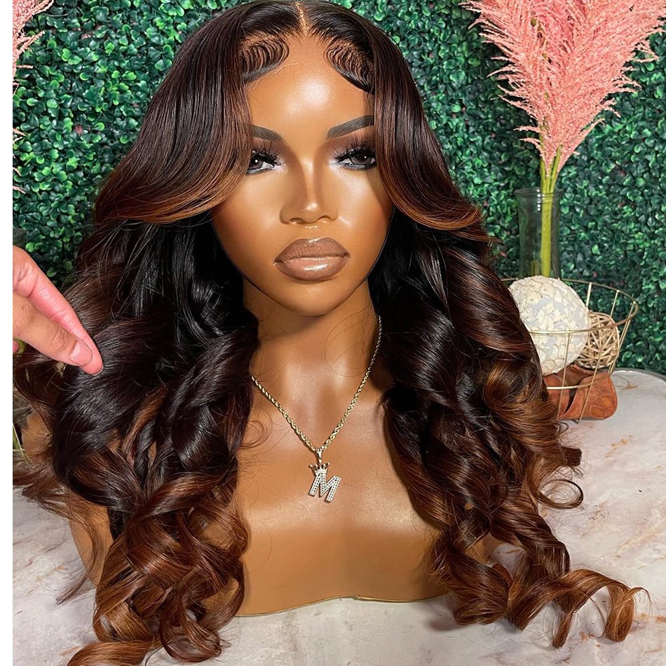 Tuneful Glueless Brown Highlights Colored Lace Front Human Hair Wigs