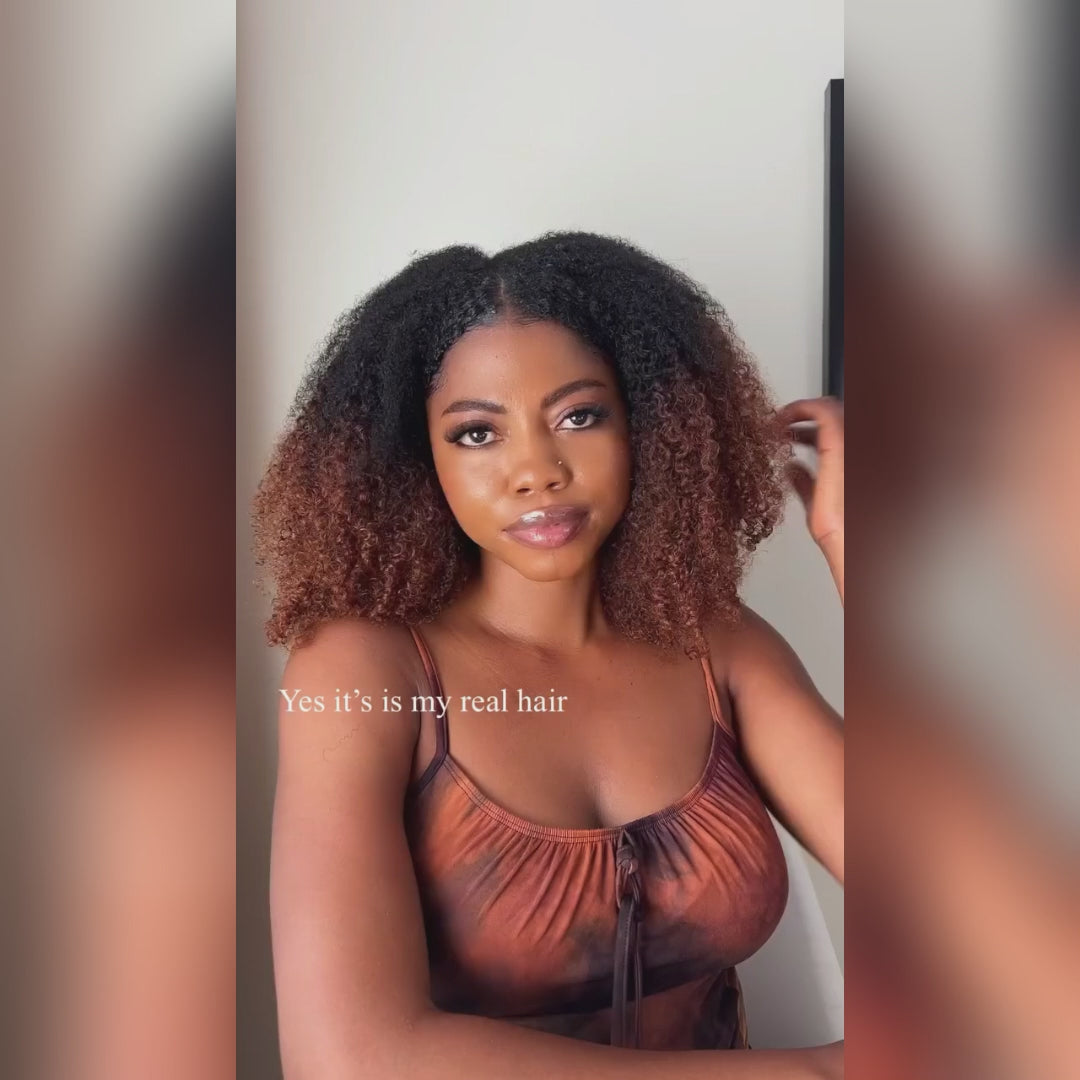 Natural Curly Ombre Brown Colored Seamless V-Part Wig