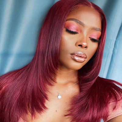 Tuneful Glueless 99J Burgundy Layered Lace Front Closure Human Hair Wigs 210% Density