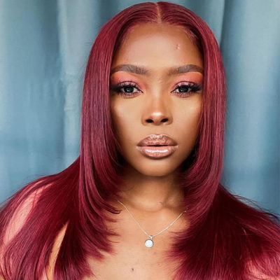 Tuneful Glueless 99J Burgundy Layered Lace Front Closure Human Hair Wigs 210% Density
