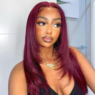 Tuneful Glueless 99J Burgundy Layered Lace Front Closure Human Hair Wigs 210% Density