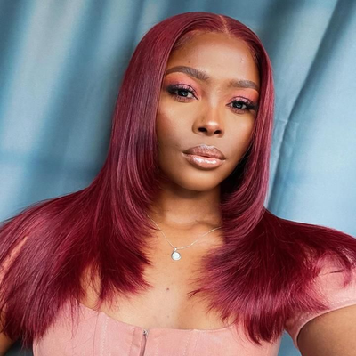 Tuneful Glueless 99J Burgundy Layered Lace Front Closure Human Hair Wigs 210% Density