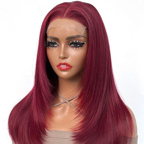 Tuneful Glueless 99J Burgundy Layered Lace Front Closure Human Hair Wigs 210% Density