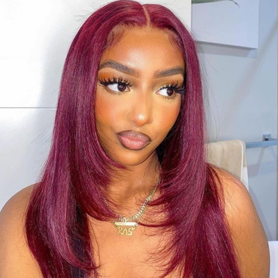 Tuneful Glueless 99J Burgundy Layered Lace Front Closure Human Hair Wigs 210% Density