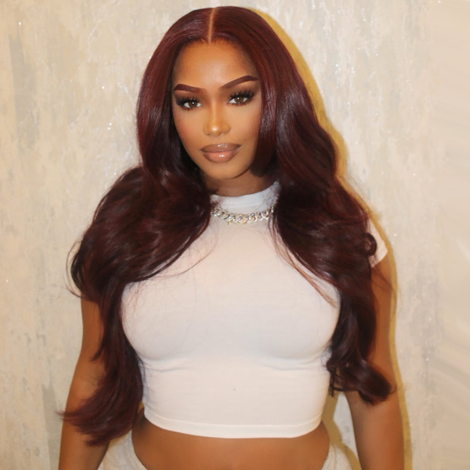 Tuneful Plum Wine Burgundy 99J Colored 10A Premium 210% Dense Human Hair Wigs