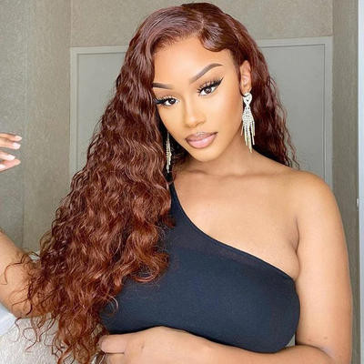 Tuneful 13x6 5x5 33# Auburn Colored Glueless HD Lace Front Closure Human Hair Wigs Reddish Brown Deep Wave Frontal Wigs 180%