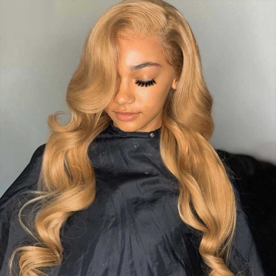 Tuneful Glueless 27# Honey Blonde Colored Human Hair Body Wave Frontal Wigs