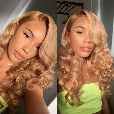 Tuneful Glueless 27# Honey Blonde Colored 13x4 Lace Frontal Human Hair Body Wave Frontal Wigs 180% Density