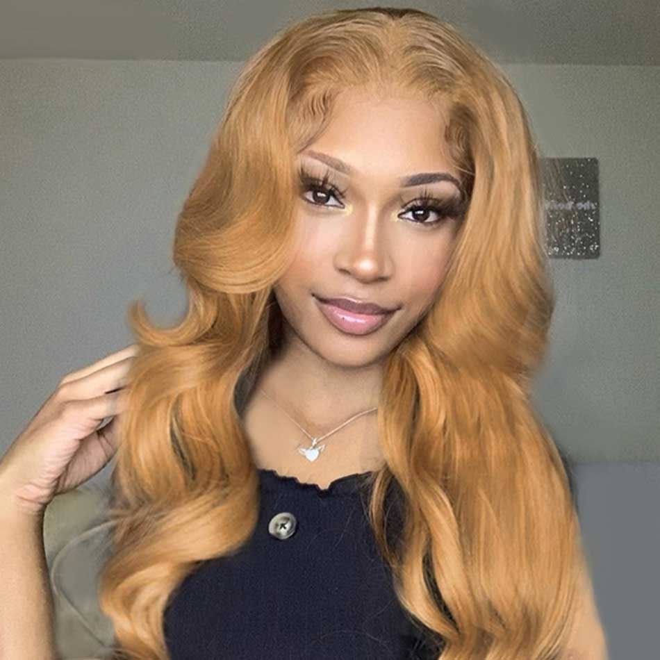Tuneful Glueless 27# Honey Blonde Colored Human Hair Body Wave Frontal Wigs