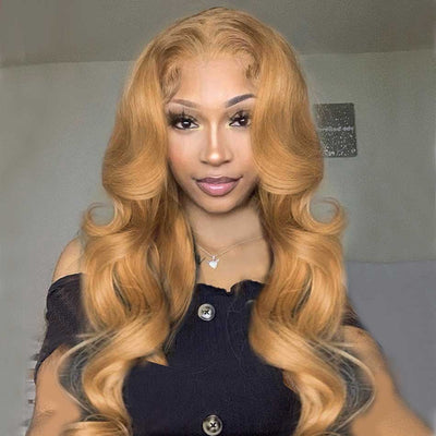 Tuneful Glueless 27# Honey Blonde Colored 13x4 Lace Frontal Human Hair Body Wave Frontal Wigs 180% Density