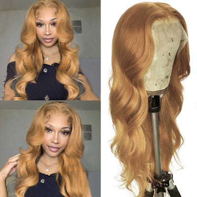 Tuneful Glueless 27# Honey Blonde Colored 13x4 Lace Frontal Human Hair Body Wave Frontal Wigs 180% Density