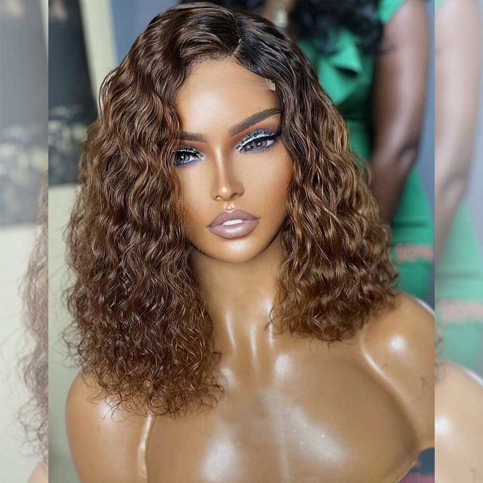 Hairstylist Works Elegant Asymmetric Ombre Brown Short Curly Colored Human Hair Bob Wigs