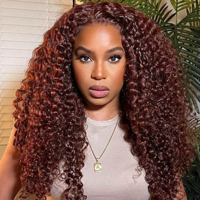 Tuneful 13x6 5x5 33# Auburn Colored Glueless 13x6 5x5 HD Lace Front Closure Human Hair Wigs Jerry Curly Frontal Wigs