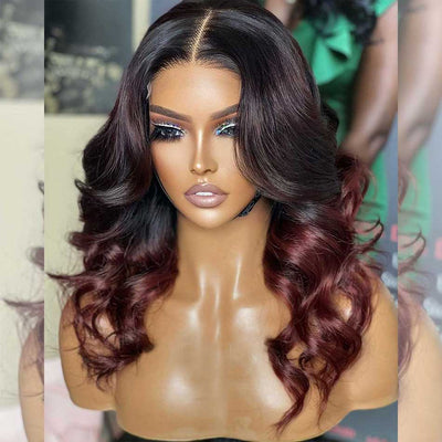 Double Drawn Hairstylist Works Elegant Shoulder Length Short Wigs 1B/99J Half Black Half Wine Red Wigs