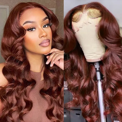 Tuneful 13x6 5x5 33# Auburn Colored Glueless 13x6 5x5 HD Lace Front Closure Human Hair Wigs Body Wave Frontal Wigs 180%