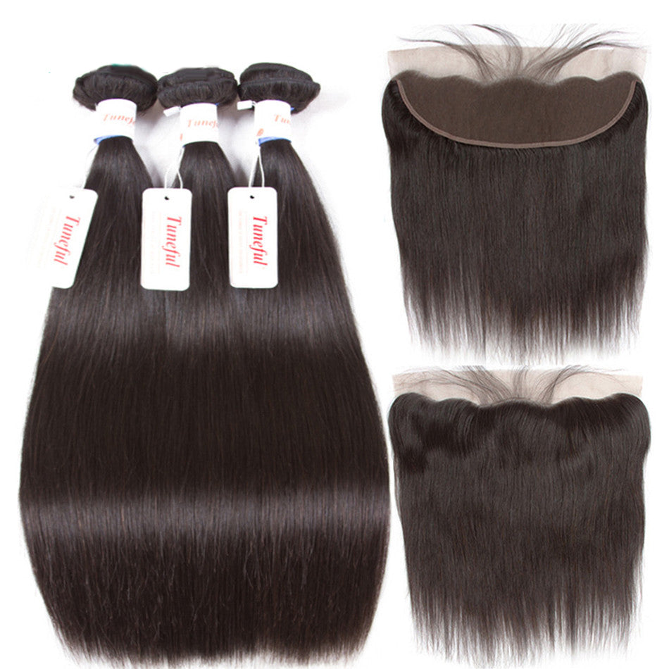 Tuneful 10A Straight Human Hair 3 Bundles With 13x4 Lace Frontal 100% Remy Human Hair