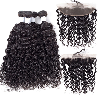 Tuneful 10A Water Wave Human Hair 3 Bundles With 13x4 Lace Frontal 100% Remy Human Hair