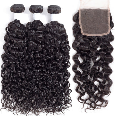 Tuneful 10A Water Wave Human Hair 3 Bundles With 4x4/5x5 Lace Closure 100% Remy Human Hair