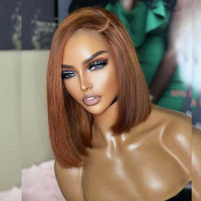 Hairstylist Works Elegant Asymmetric Short Straight Ginger Colored Human Hair Bob Wigs