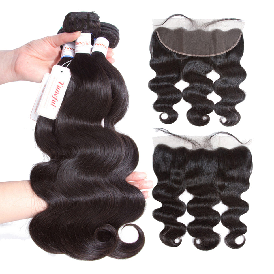 Tuneful 10A Body Wave Human Hair 3 Bundles With 13x4 Lace Frontal 100% Remy Human Hair