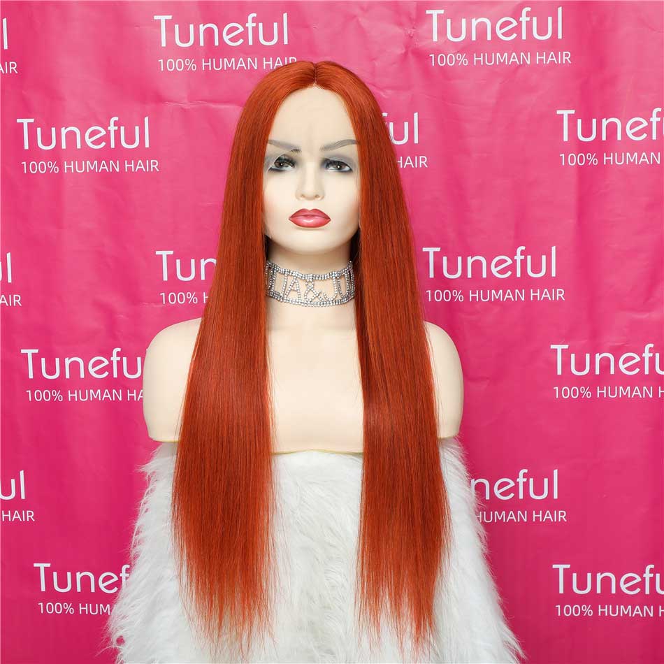 Tuneful Glueless Orange Ginger Colored Straight 13x6 5x5 6x5 Lace Front Closure Human Hair Wigs 180% Density