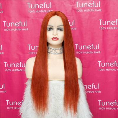 Tuneful  Orange Ginger Colored Straight 13x4 5x5 HD Lace Front Closure Human Hair Wigs 180% Density