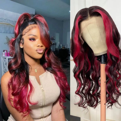 Tuneful 13x4 5x5 HD Lace Front Loose Wave Ombre Red Highlights Color Wig