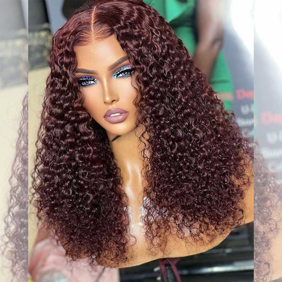 Hairstylist Works 5x5 Glueless HD Lace Closure Curly Human Hair Wigs 99j Wine Red Colored Wigs