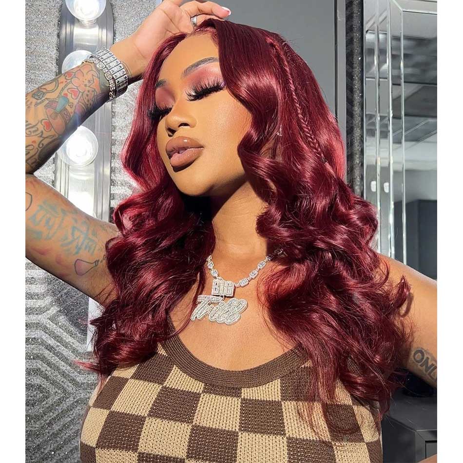 Tuneful Double Drawn Elegant Chest Length 99J Burgundy Colored Glueless 6x5 Wear Go 13x6 Lace Wigs