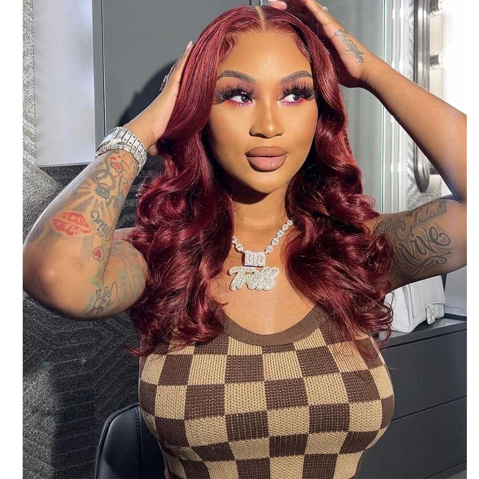 Tuneful Double Drawn Elegant Chest Length 99J Burgundy Colored Glueless 6x5 Wear Go 13x6 Lace Wigs