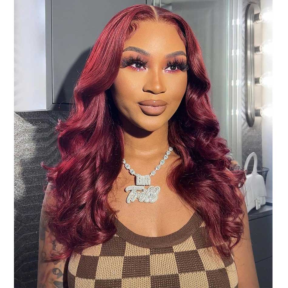 Elegant 5x5 Glueless Lace Closure Human Hair Wigs 99J Burgundy Colored Wigs Chest Length