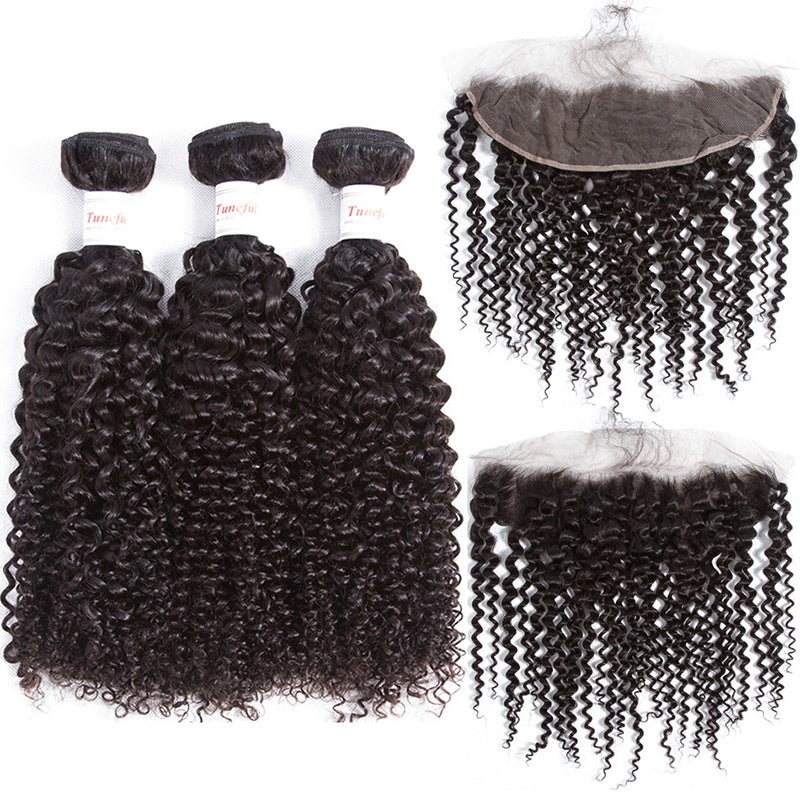 Tuneful 10A Jerry Curly Human Hair 3 Bundles With 13x4 Lace Frontal 100% Remy Human Hair